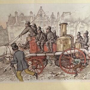Vtg Anton Pieck "Cerberus" Fire Engine Horse Drawn Print Artwork 1970 Donald Art
